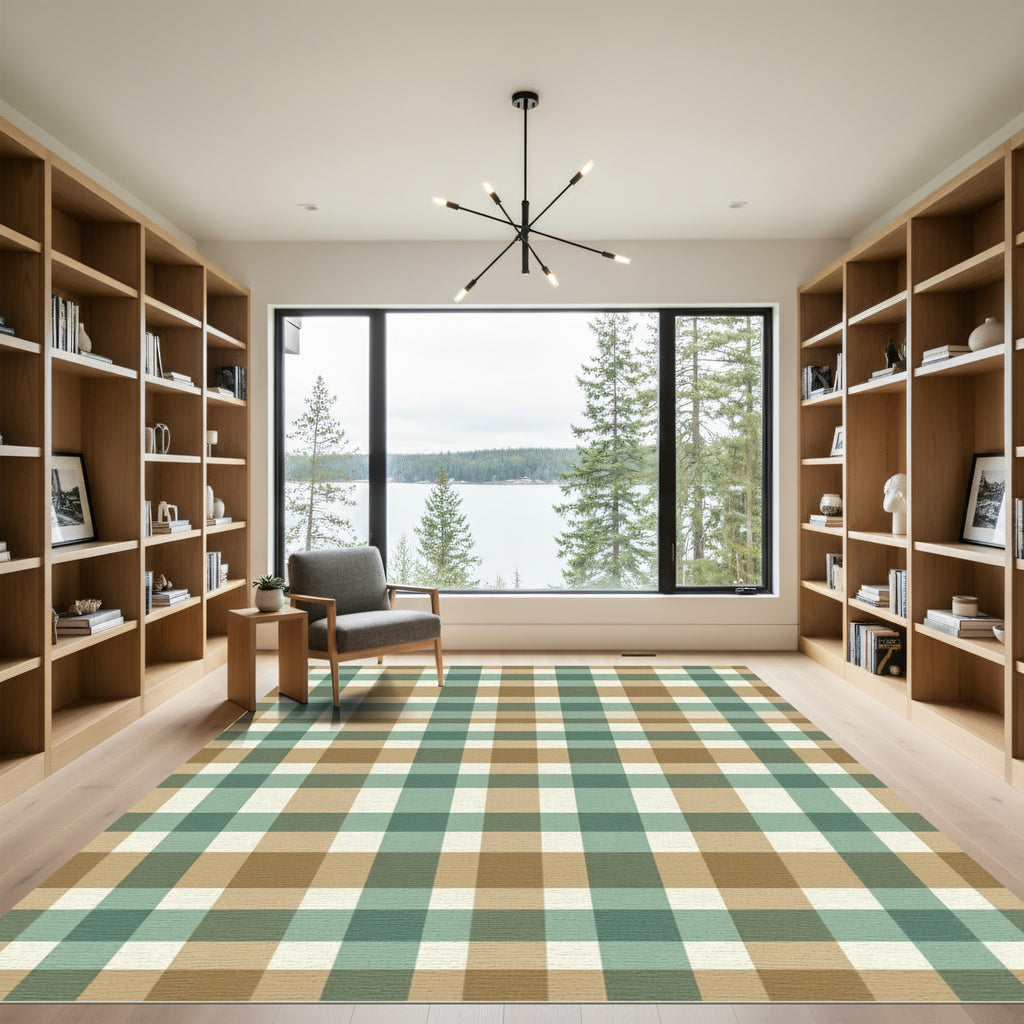 Sage Green and Taupe Plaid Check Rug