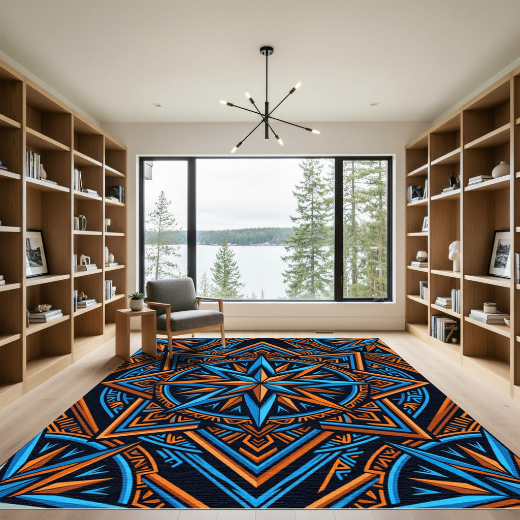 Vibrant Blue Orange Geometric Star Burst Rug