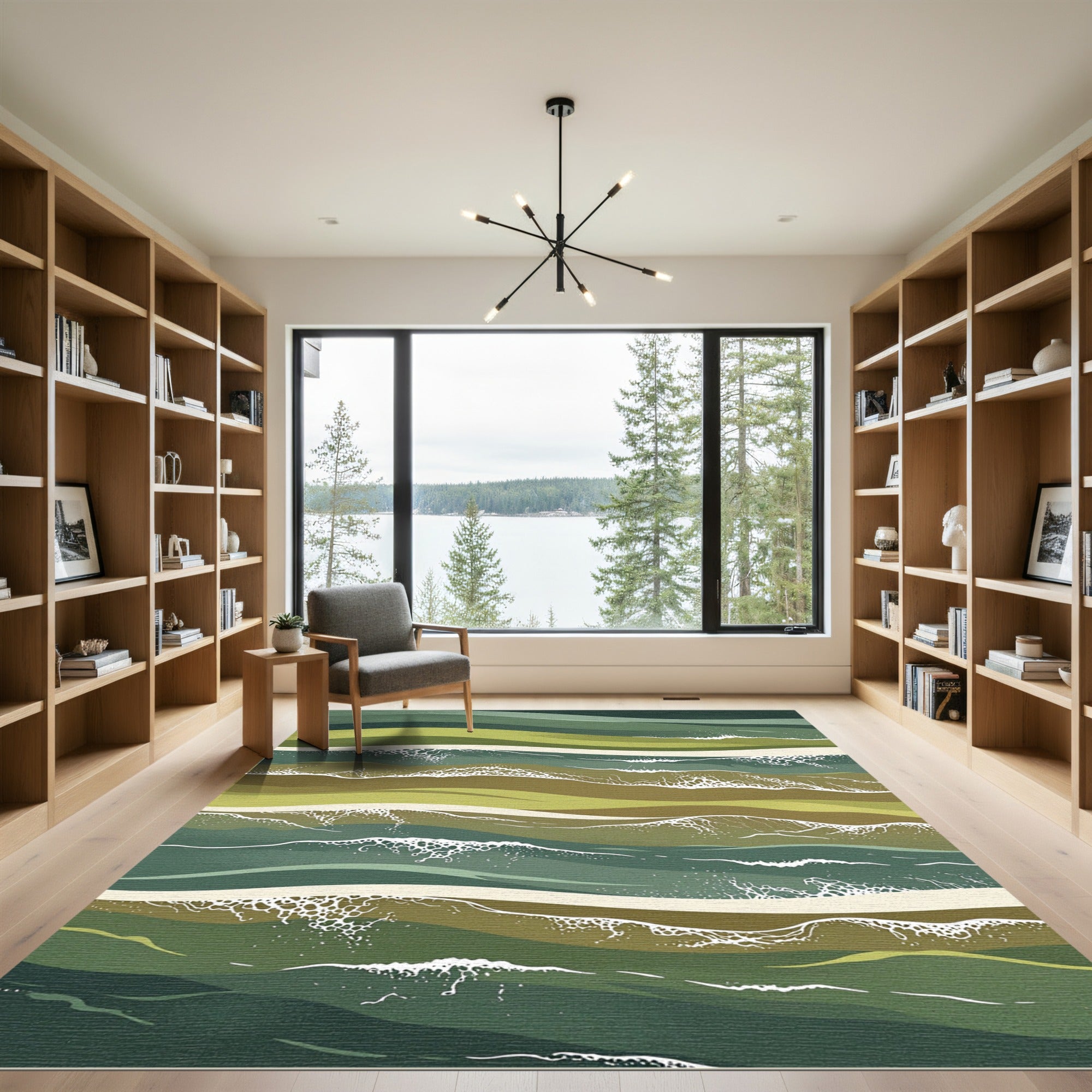 Earthy Green Abstract Wave Composition Rug