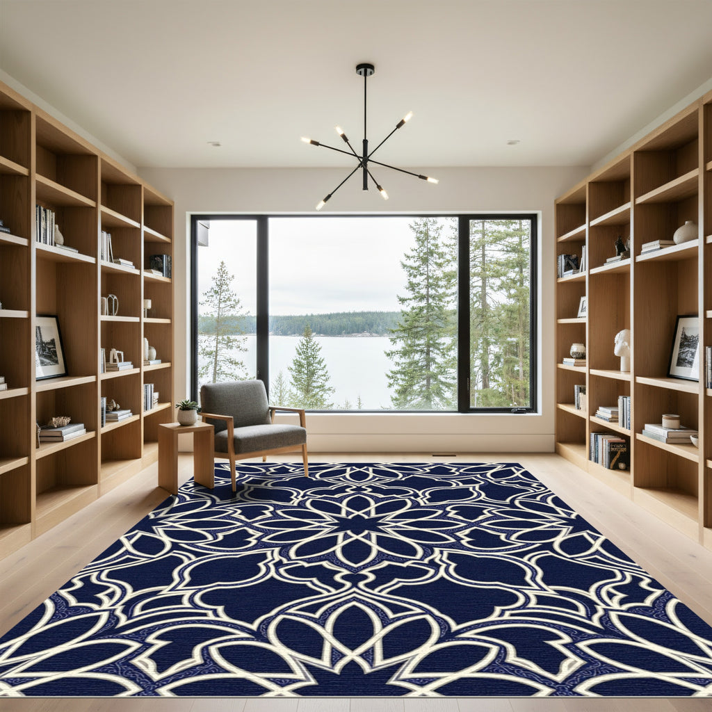 Midnight Blue Geometric Floral Filigree Rug