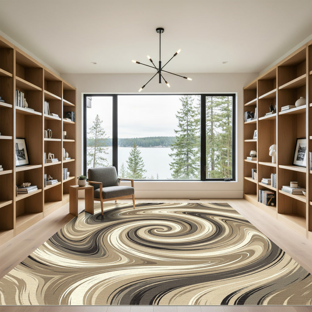 Earthy Swirl Abstract Cream Chocolate Rug