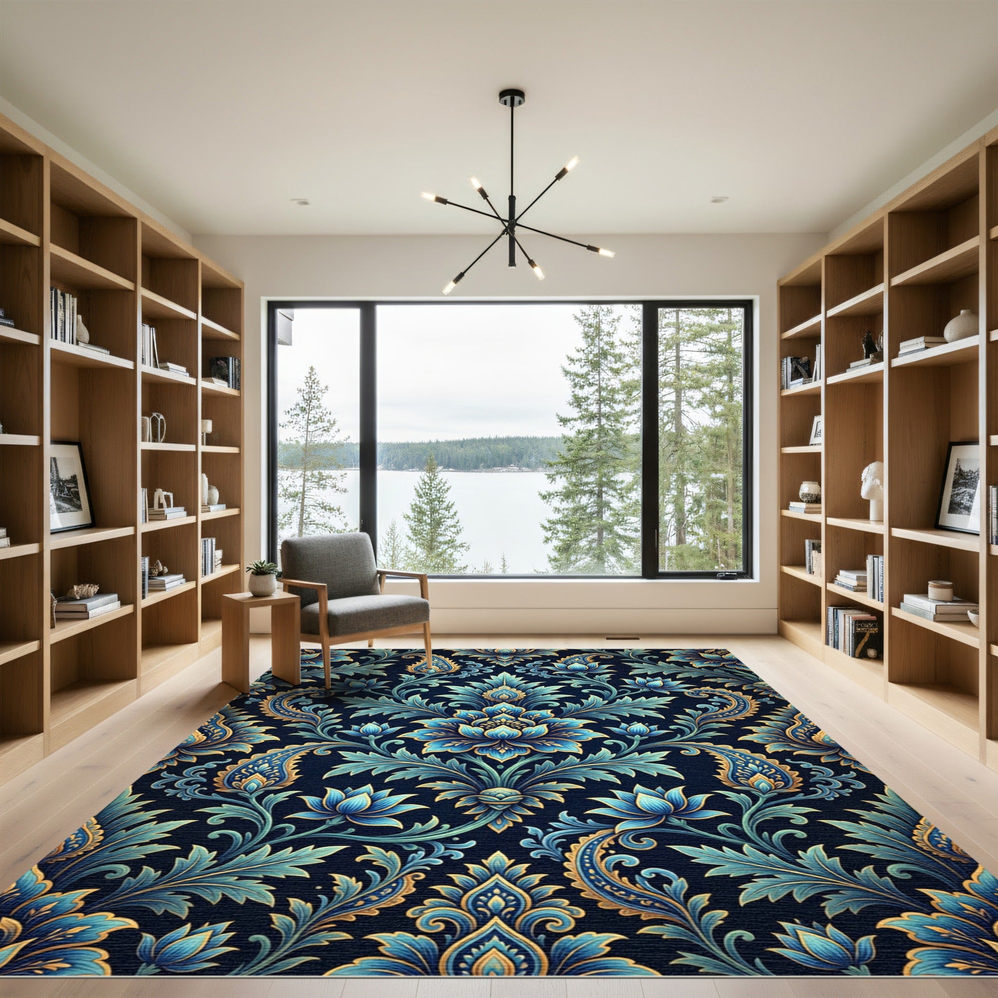 Elegant Blue Gold Damask Floral Rug