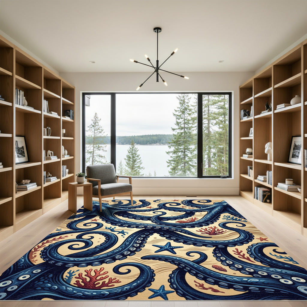 Intricate Navy Octopus Tentacle Sea Floor Rug