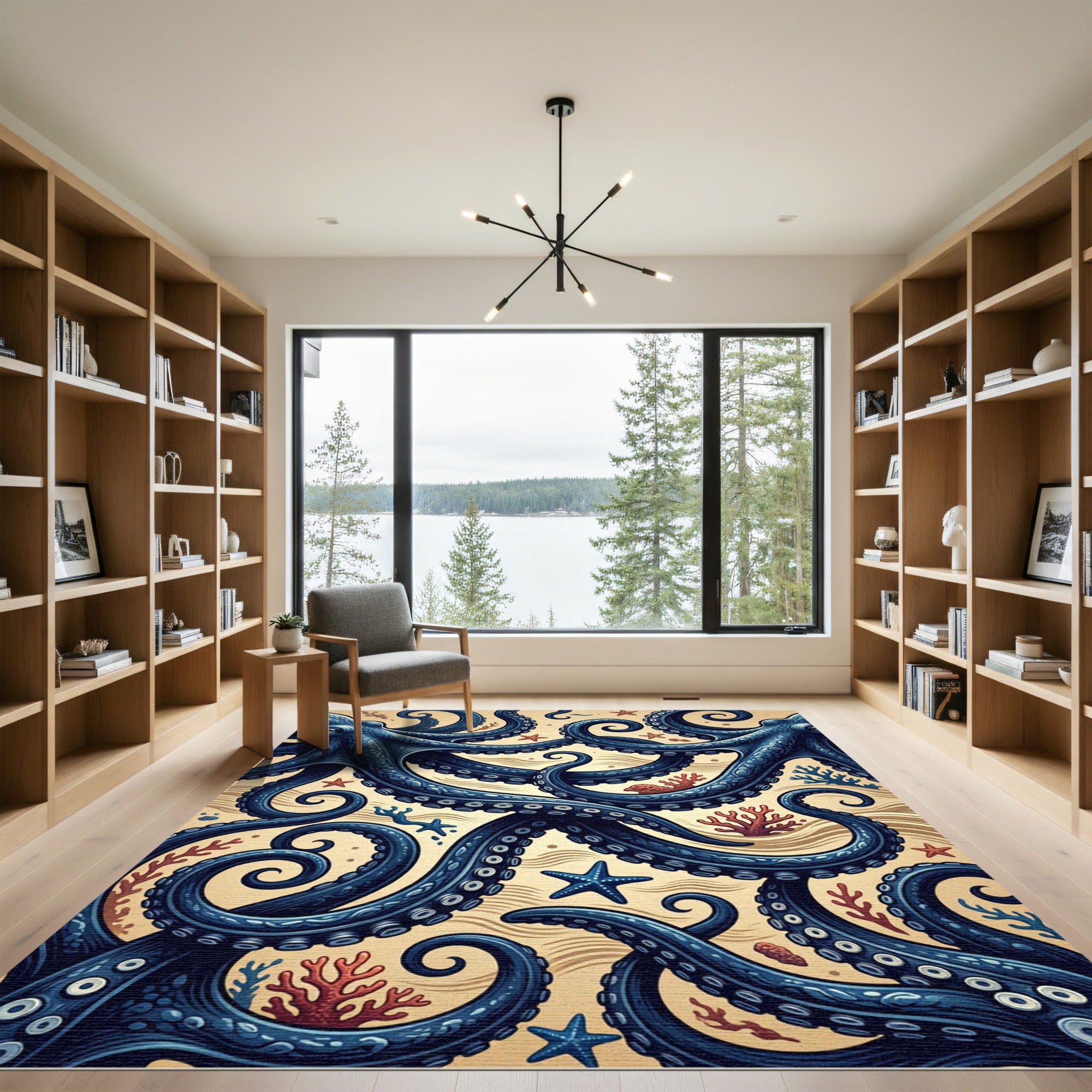 Intricate Navy Octopus Tentacle Sea Floor Rug