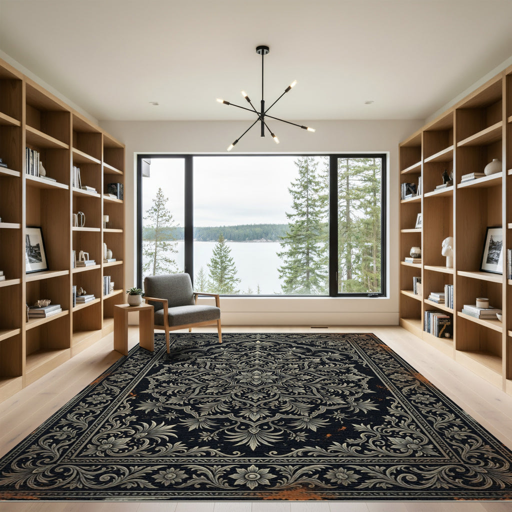 Ornate Monochrome Damask Floral Medallion Rug