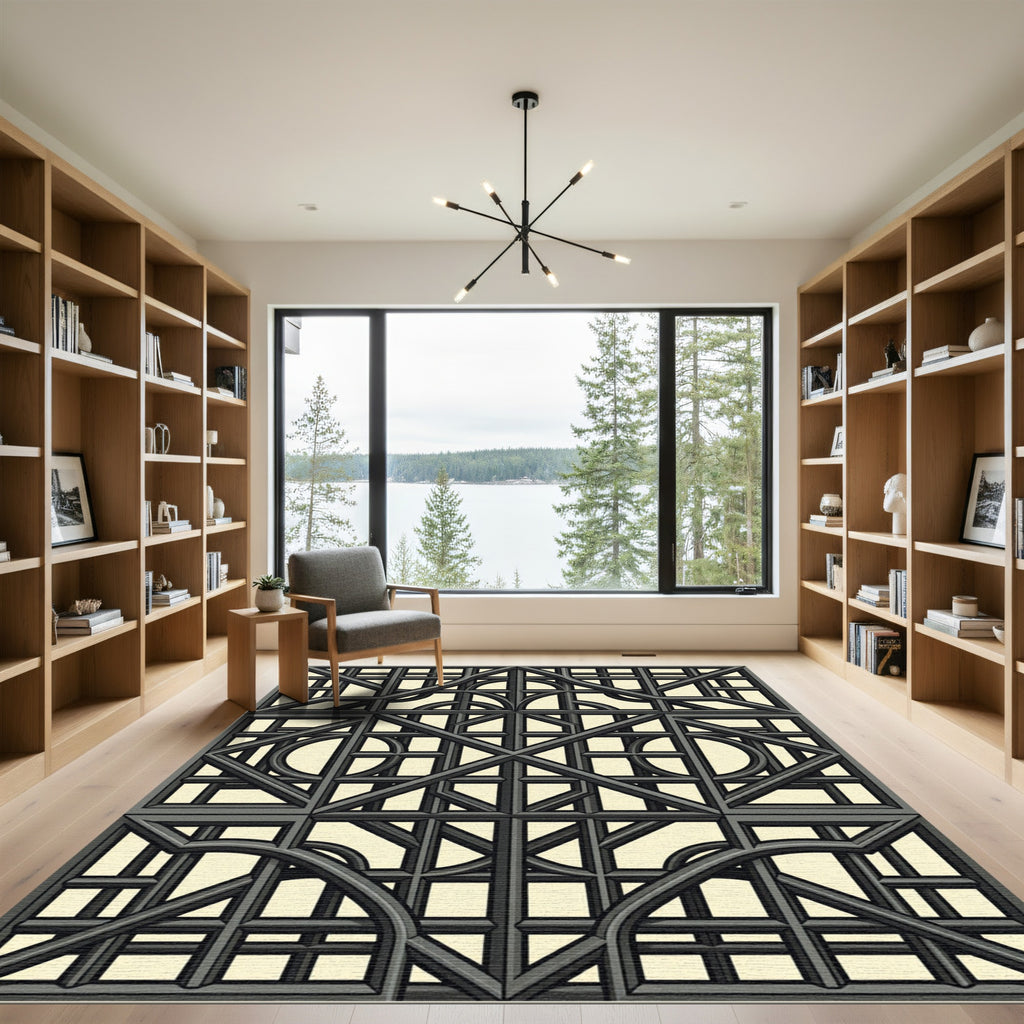 Dark Gray Geometric Window Lattice Rug