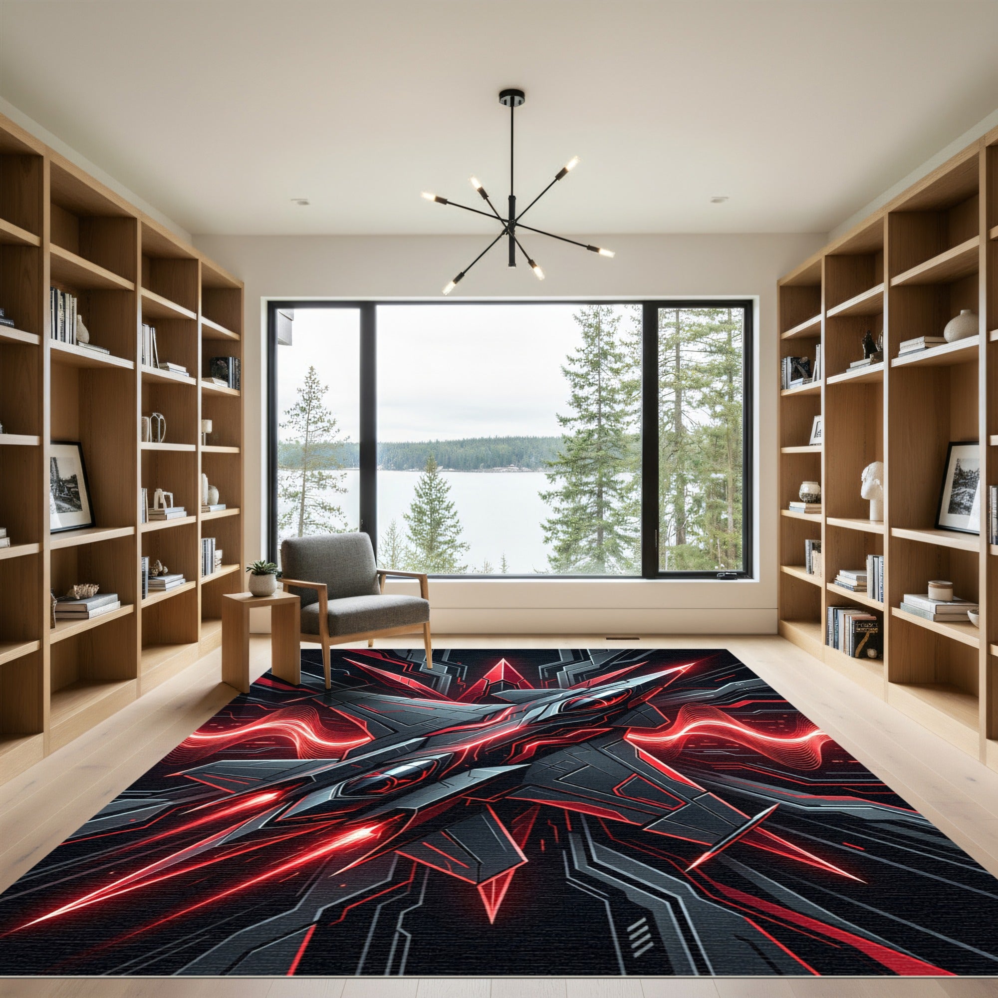 Futuristic Crimson Cyberpunk Fighter Jet Art Rug