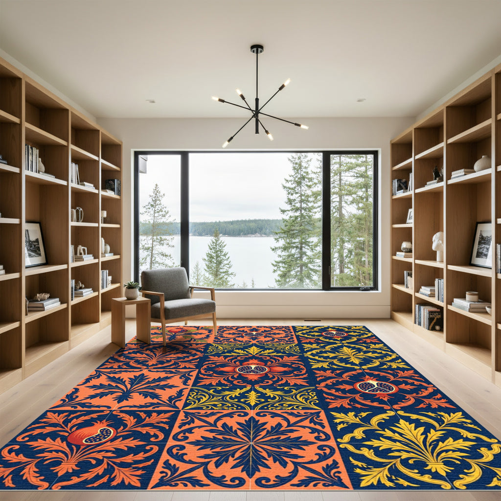 Orange Blue Pomegranate Tile Intaglio Rug