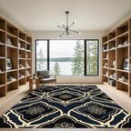 Dark Teal Gold Arabesque Floral Medallion Rug