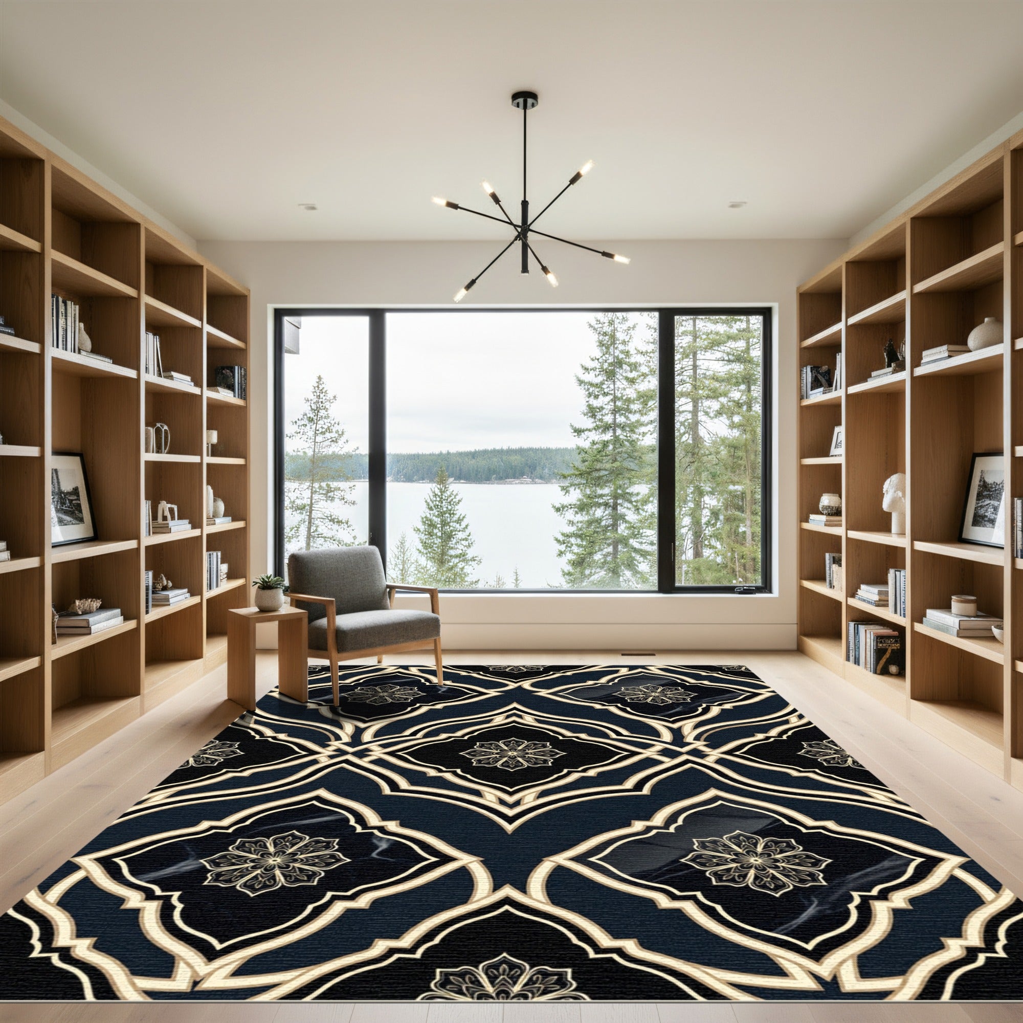 Dark Teal Gold Arabesque Floral Medallion Rug
