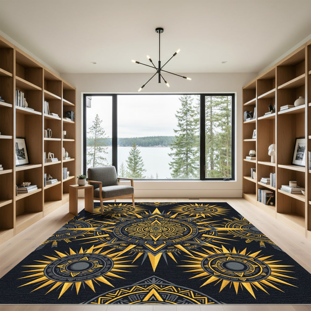 Golden Aztec Sunburst Celestial Medallion Rug