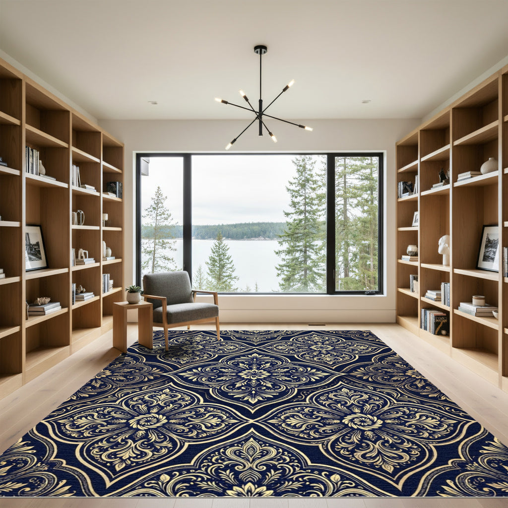 Ornate Navy Gold Damask Scroll Rug