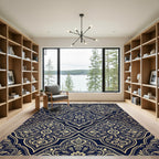 Ornate Navy Gold Damask Scroll Rug