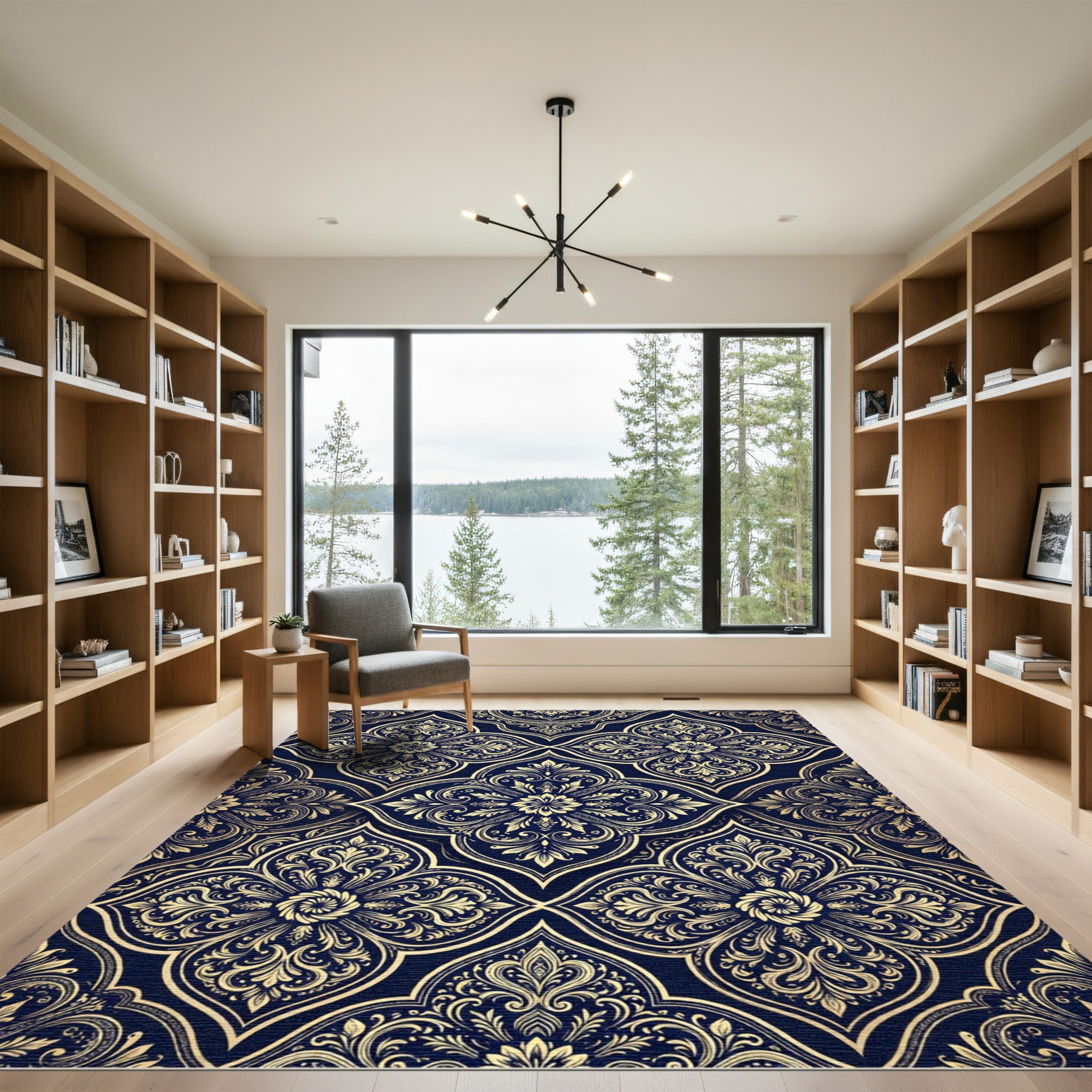 Ornate Navy Gold Damask Scroll Rug