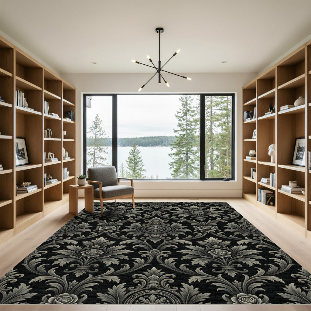 Elegant Black and Silver Damask Rose Rug