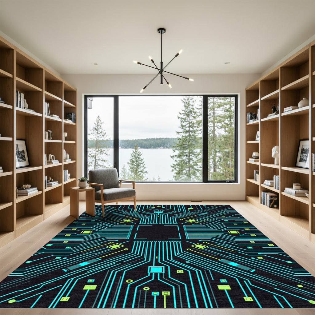 Cyan Circuit Board Geometric Lines Rug
