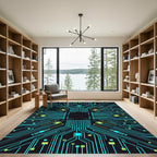Cyan Circuit Board Geometric Lines Rug