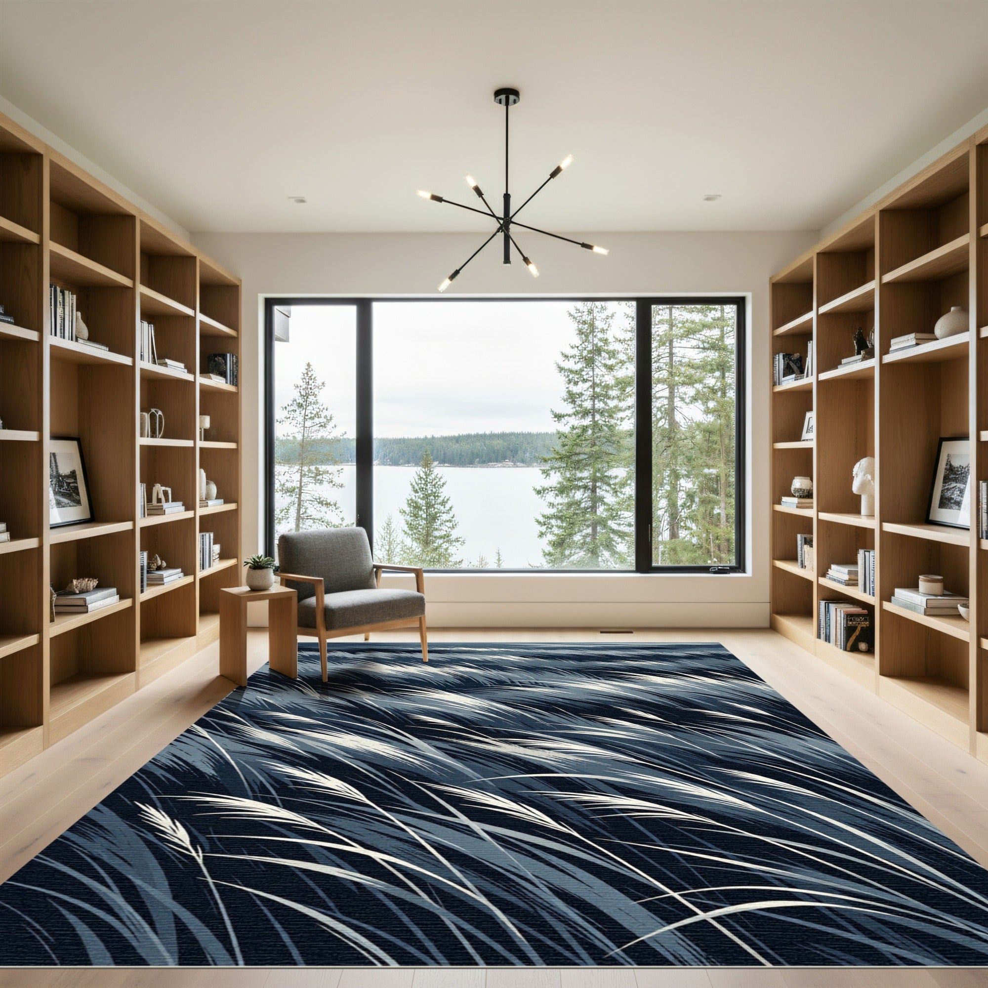 Dark Blue Swaying Grass Reeds Rug