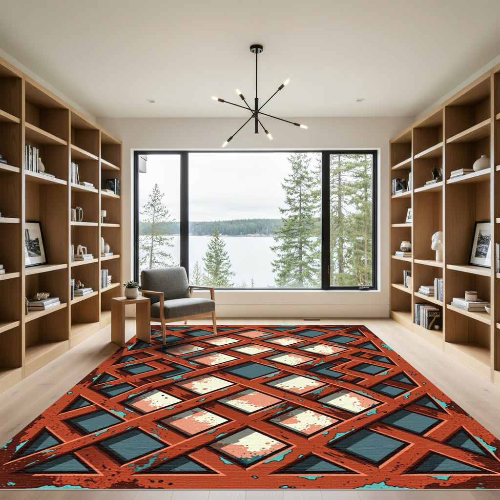 Distressed Copper Lattice Geometric Grid Rug