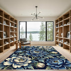Elegant Indigo Peony Botanical Arrangement Rug