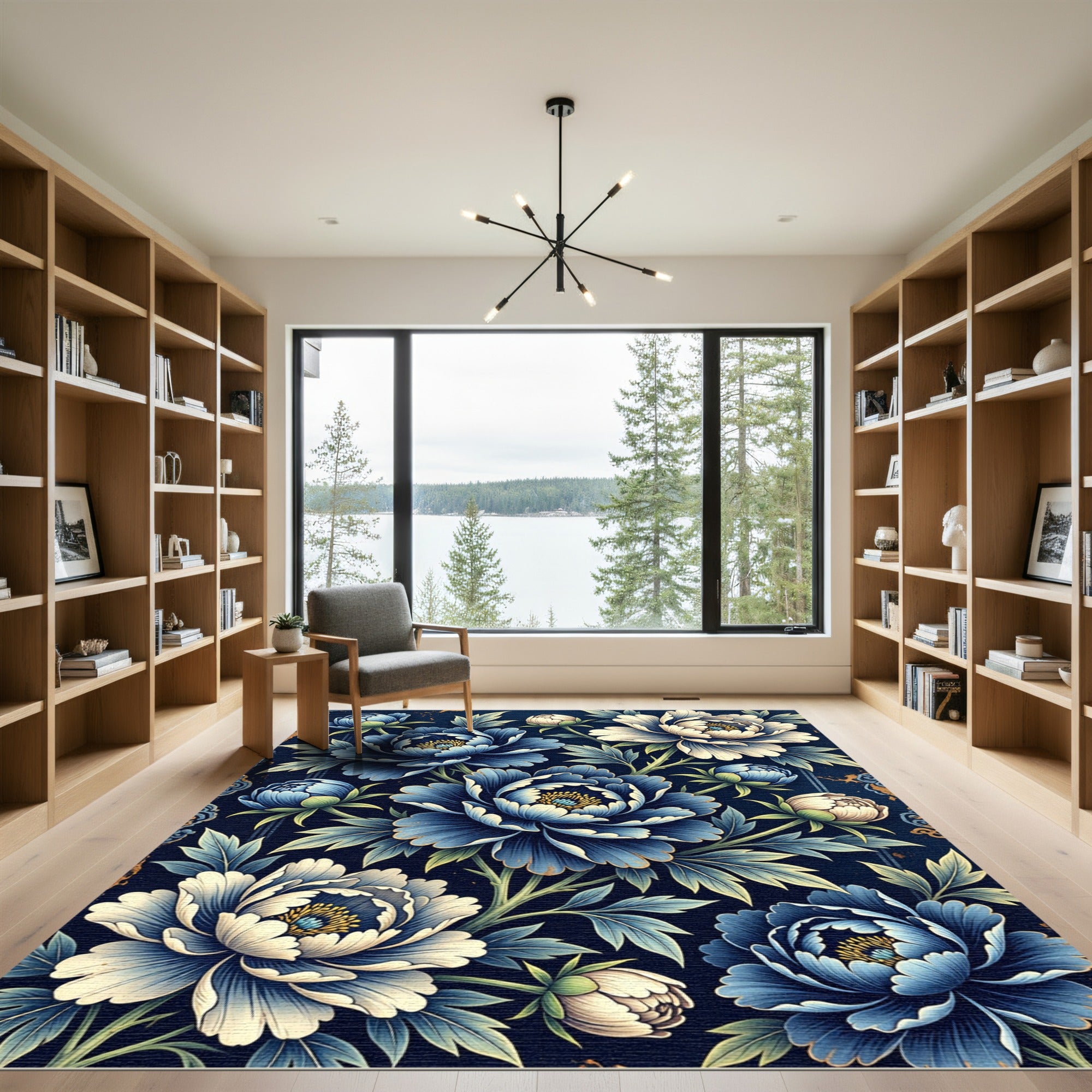 Elegant Indigo Peony Botanical Arrangement Rug