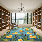 Playful Yellow Ducklings in Blue Pond Rug