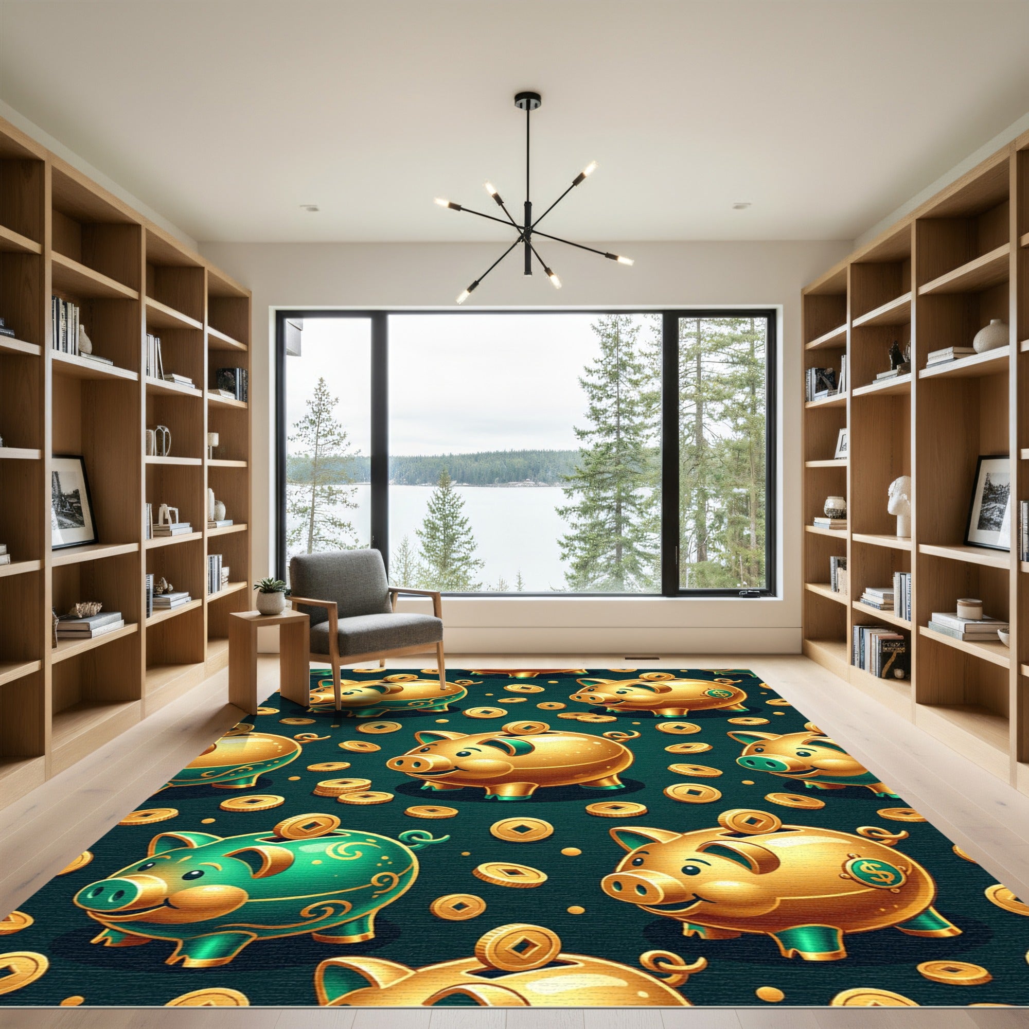 Golden Piggy Bank Coin Teal Rug