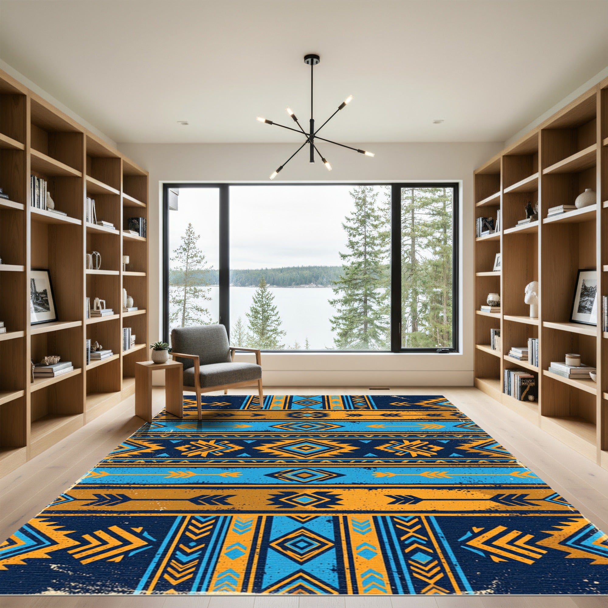 Vibrant Navy Blue Golden Geometric Arrow Rug