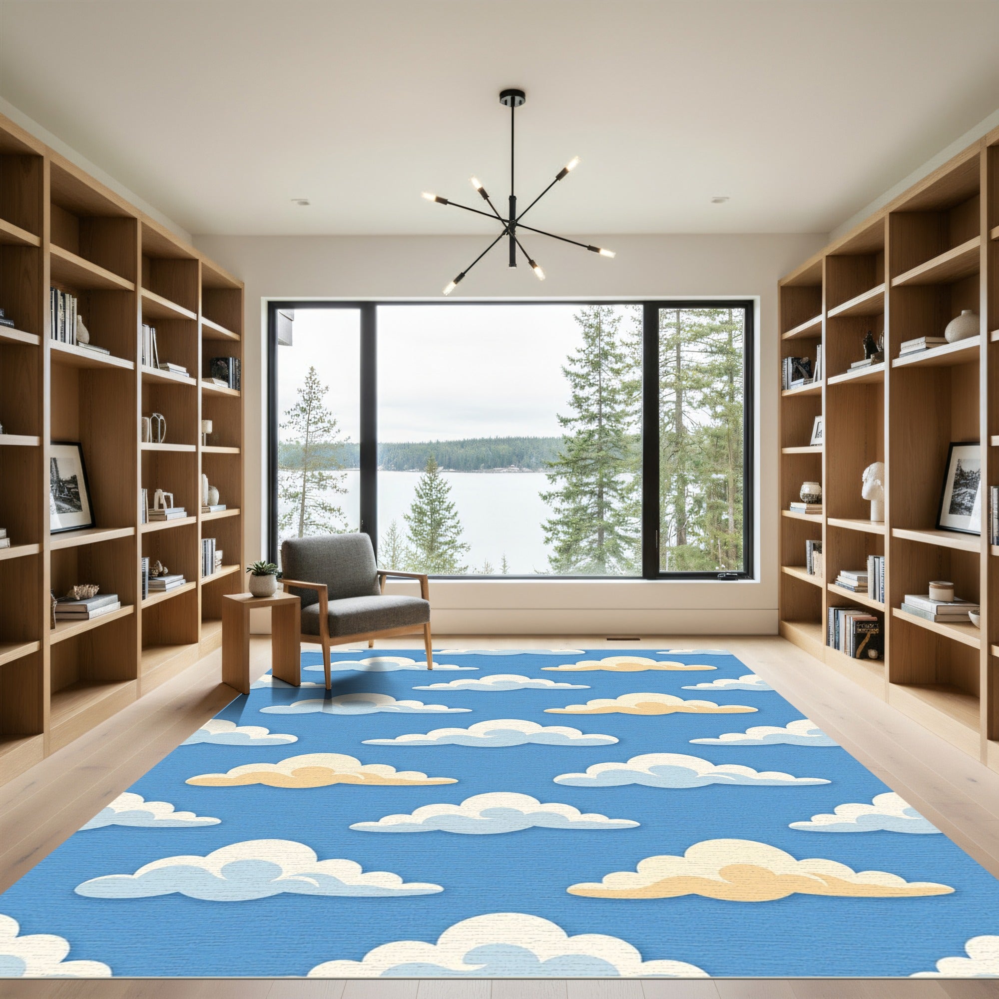 Whimsical Blue and Golden Cloud Sky Rug