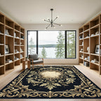 Ornate Gold Filigree Scroll Dark Frame Rug