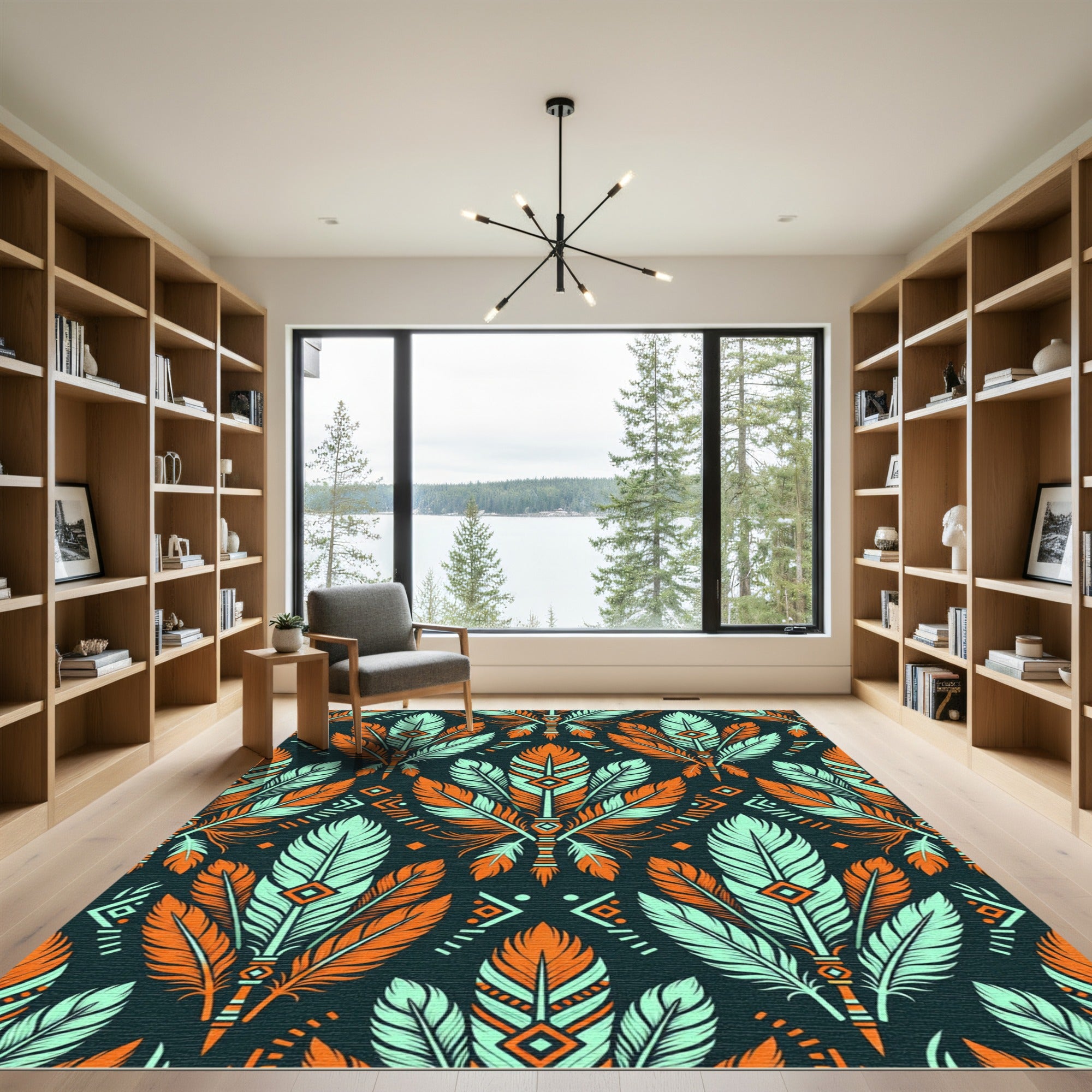 Teal and Orange Southwestern Feather Tapestry Rug