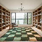 Distressed Green and Beige Mosaic Grid Rug