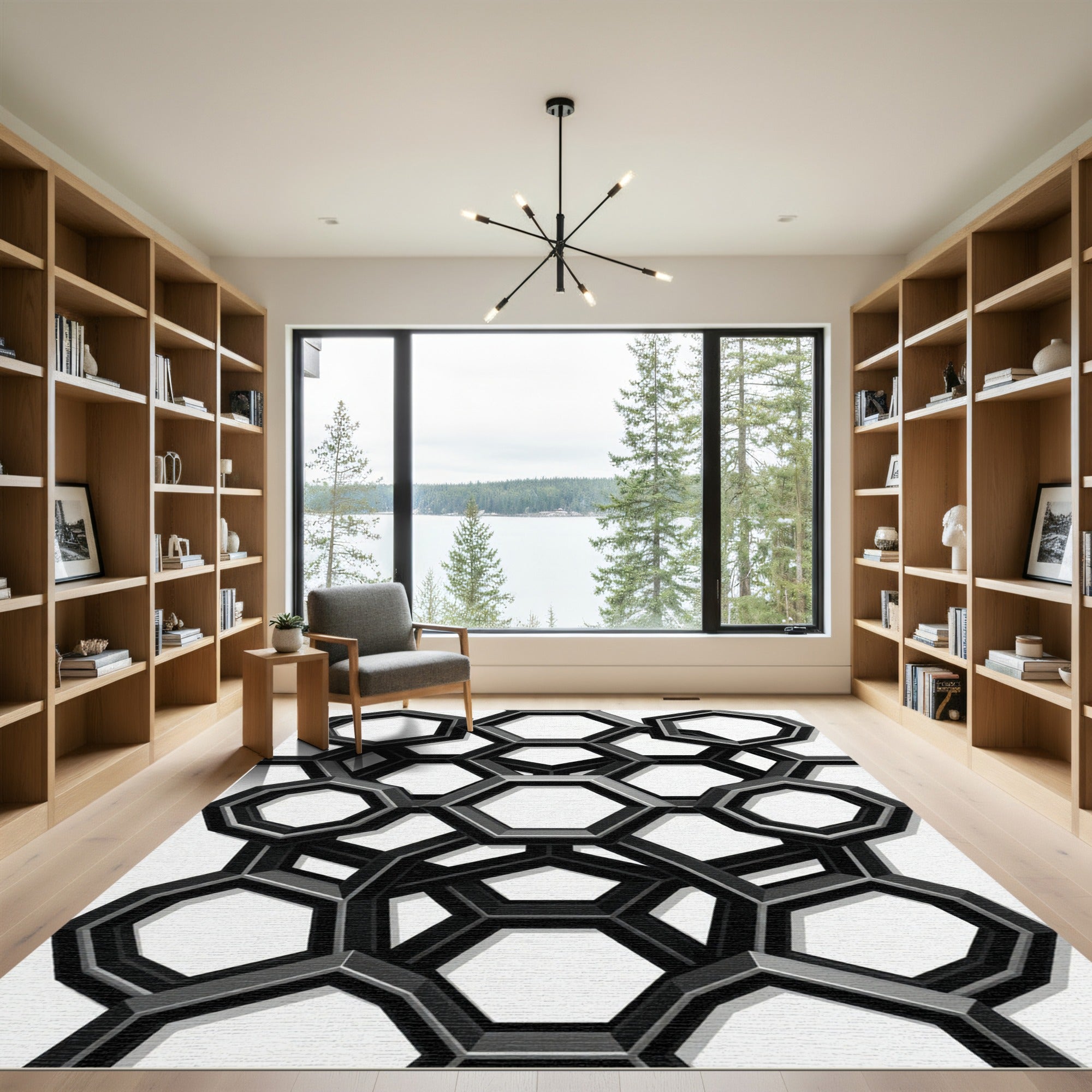 Modern Black Geometric Hexagon Arrangement Rug