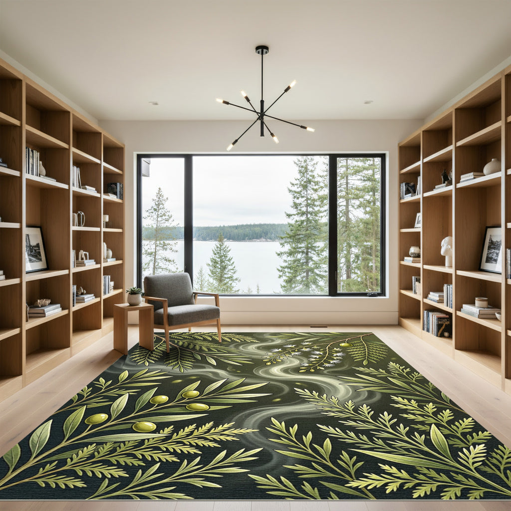 Earthy Sage Botanical Olive Branch Illustration Rug
