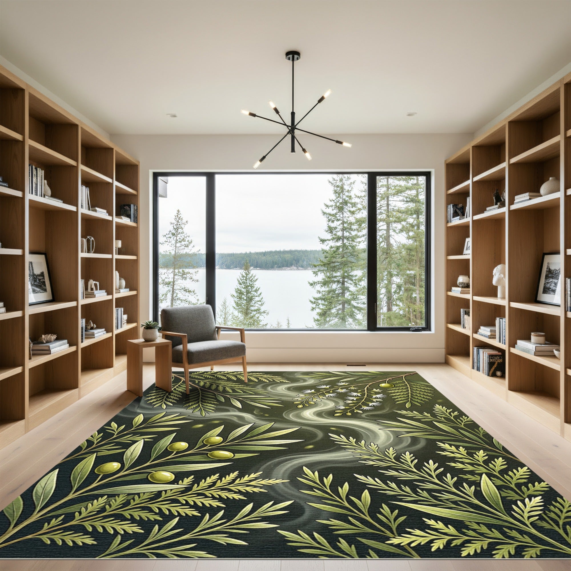 Earthy Sage Botanical Olive Branch Illustration Rug