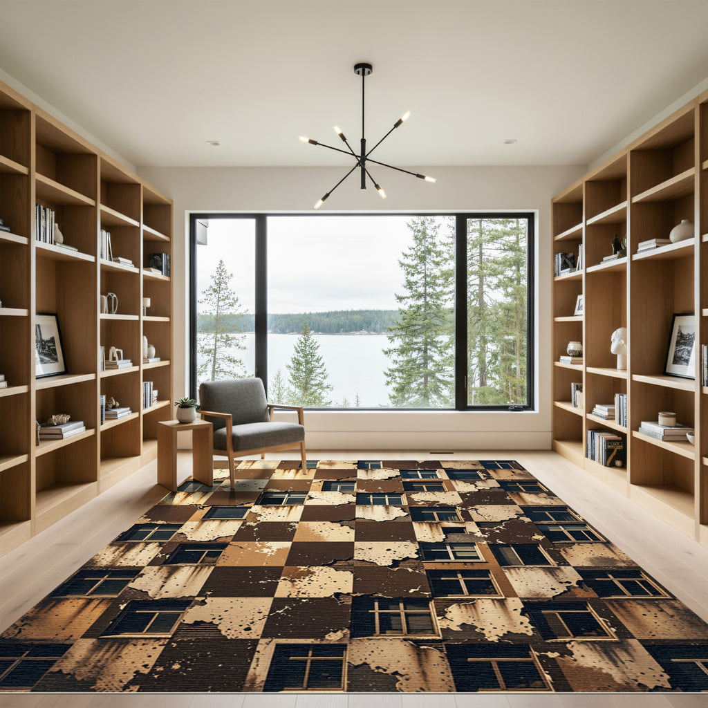 Textured Brown and Beige Checkerboard Rug