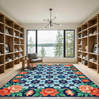 Floral Lattice Navy Orange Botanical Rug