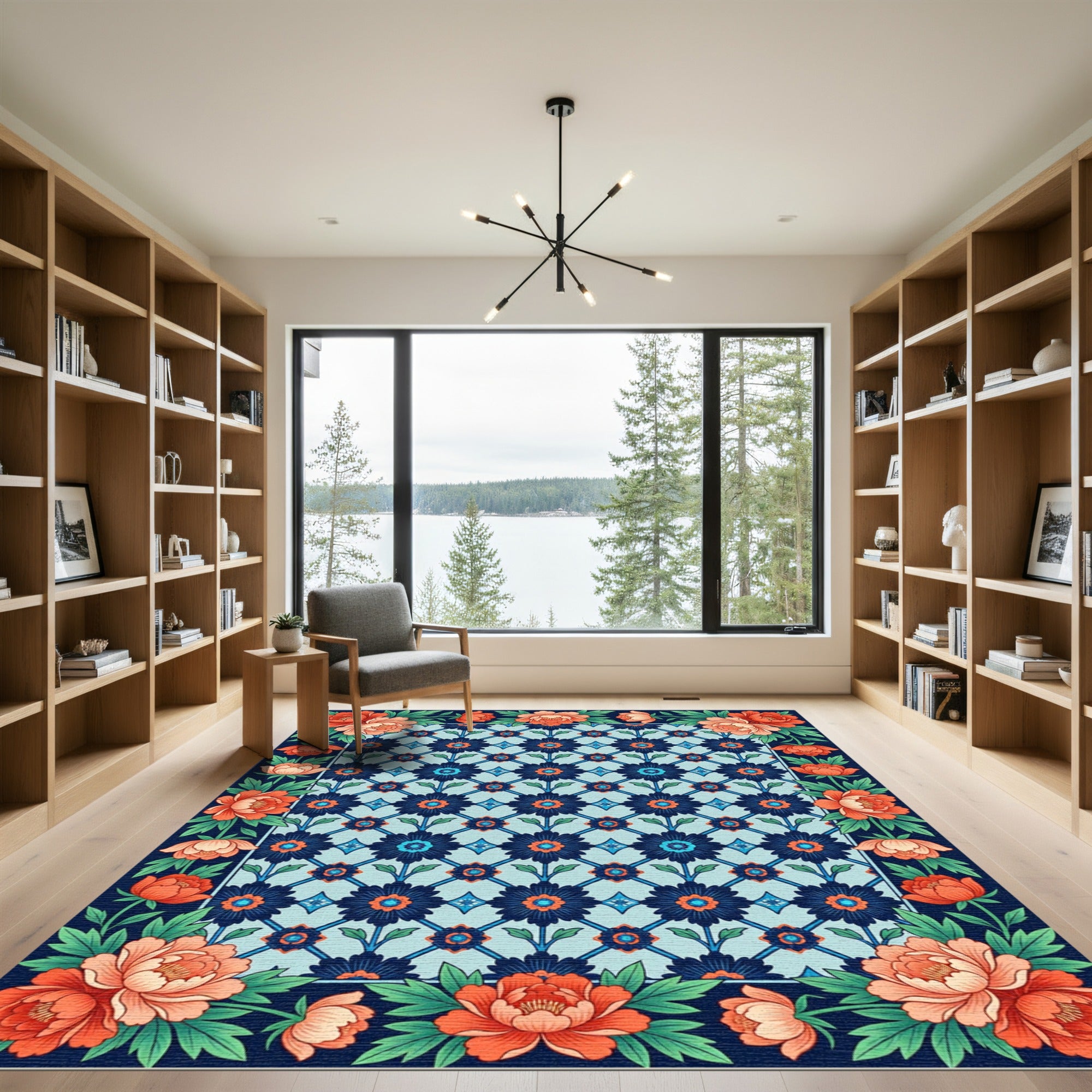 Floral Lattice Navy Orange Botanical Rug