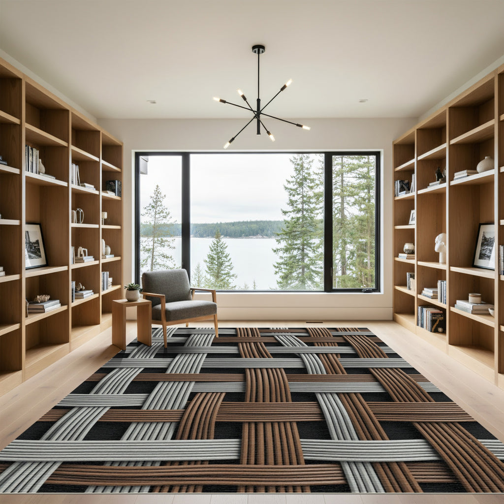 Woven Interlocking Gray and Brown Grid Rug
