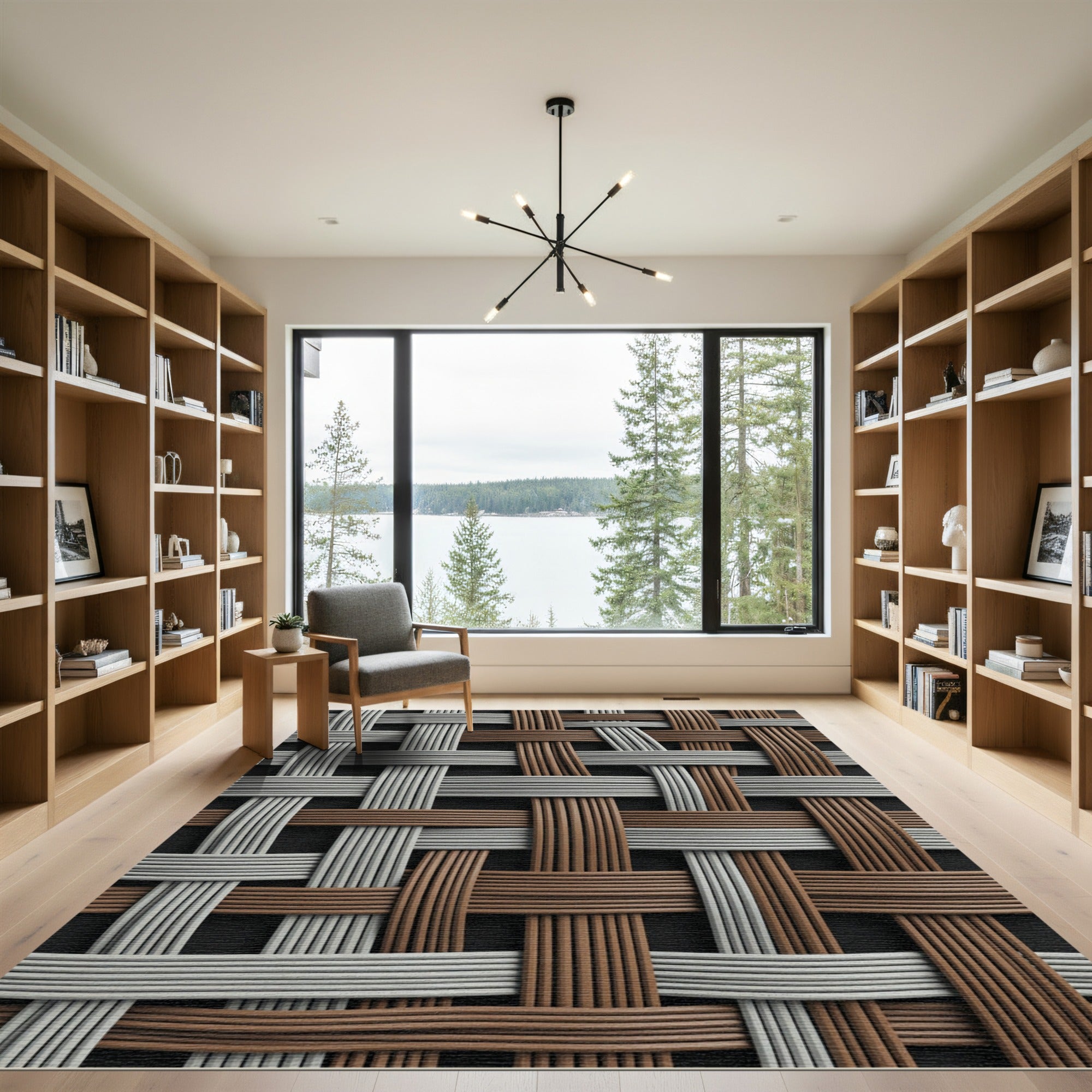 Woven Interlocking Gray and Brown Grid Rug