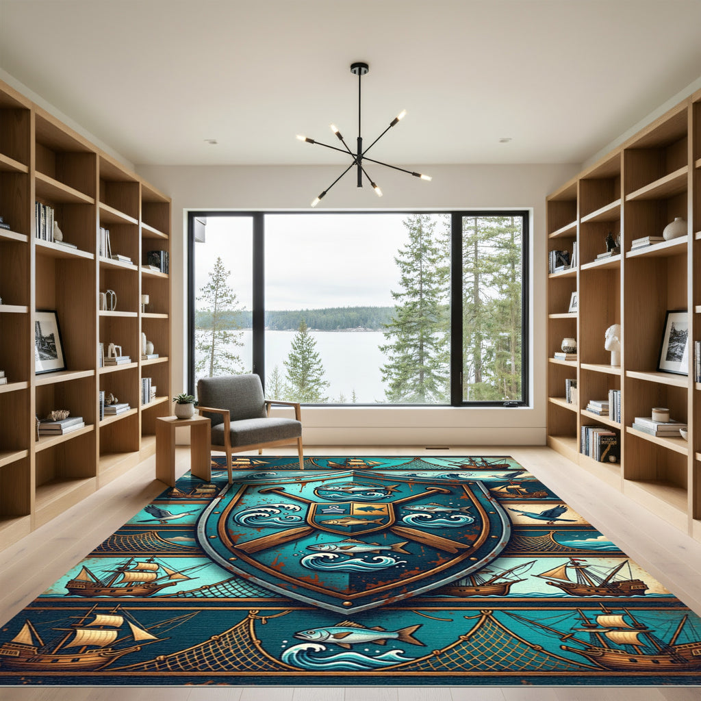 Nautical Teal Shield Sailing Emblem Rug