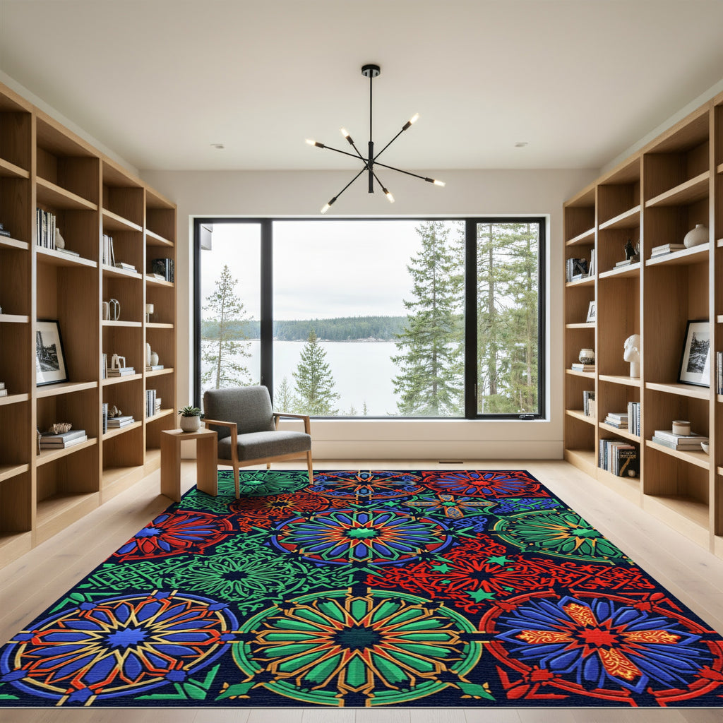Vibrant Radiant Geometric Star Mosaic Rug