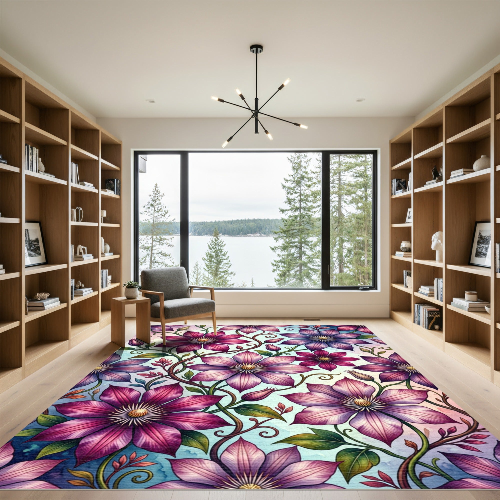 Elegant Purple Clematis Botanical Floral Rug