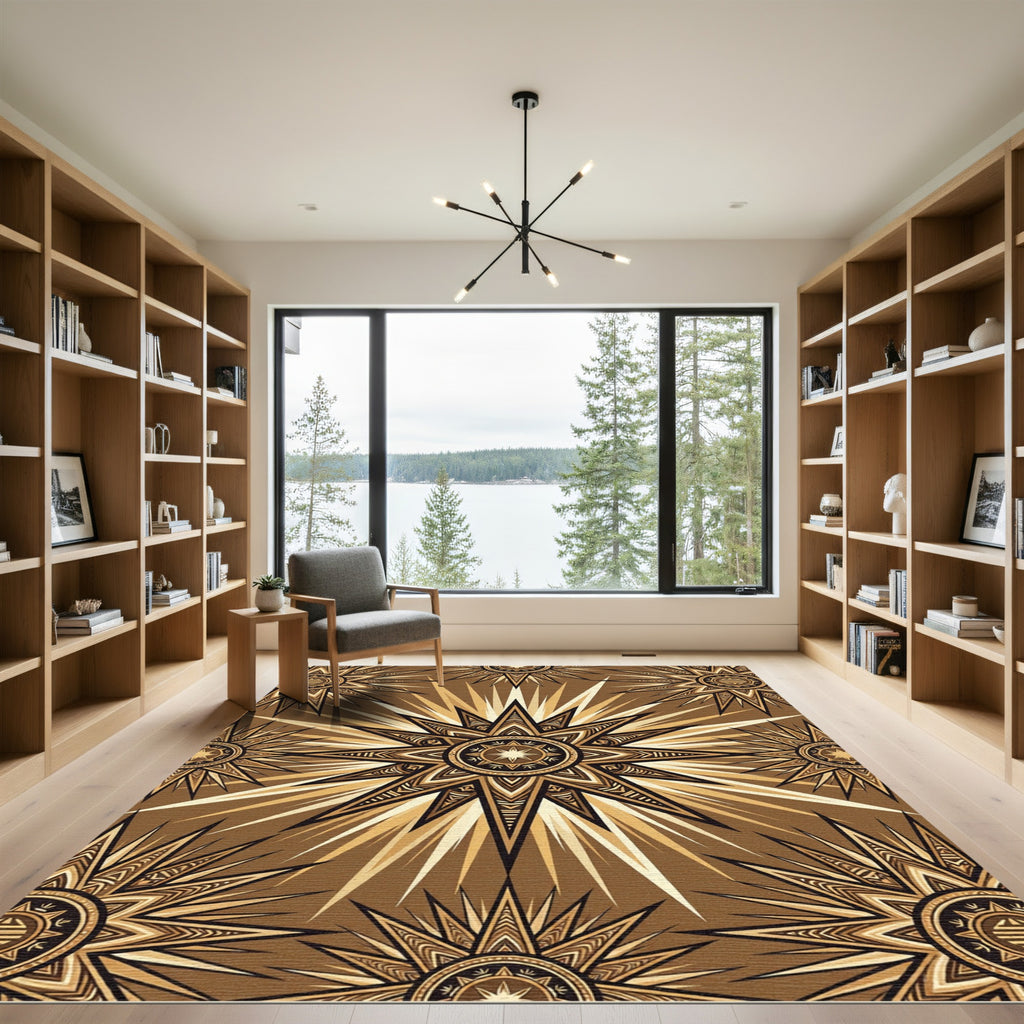 Golden Sunburst Celestial Geometric Medallion Rug