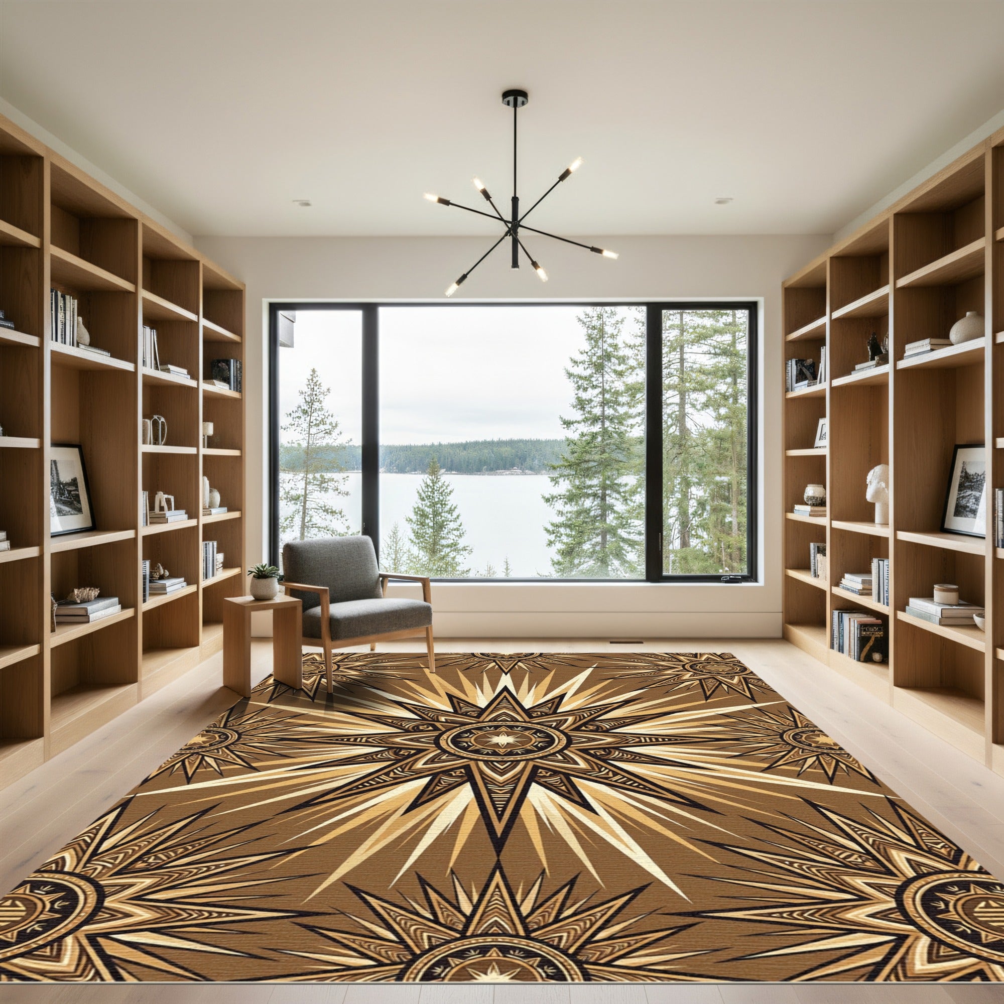 Golden Sunburst Celestial Geometric Medallion Rug