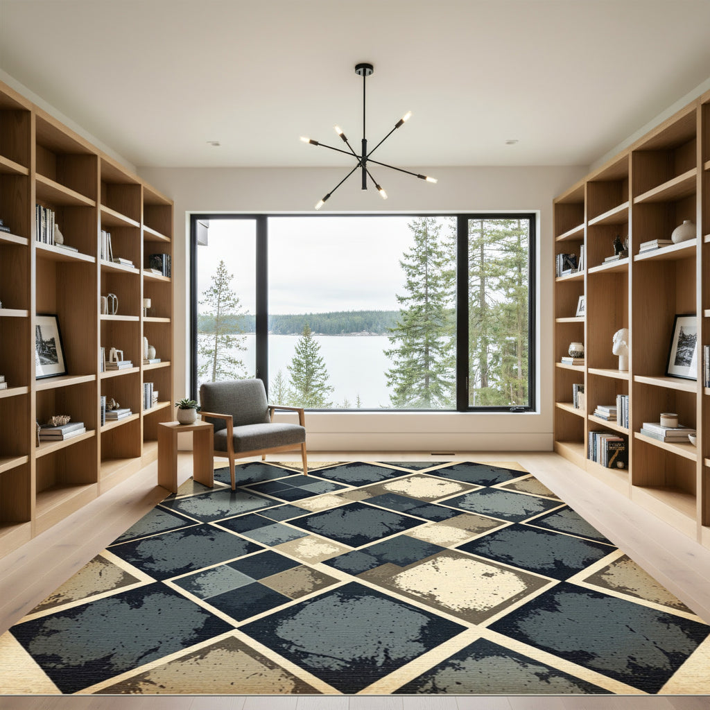 Distressed Blue Charcoal Geometric Diamond Rug