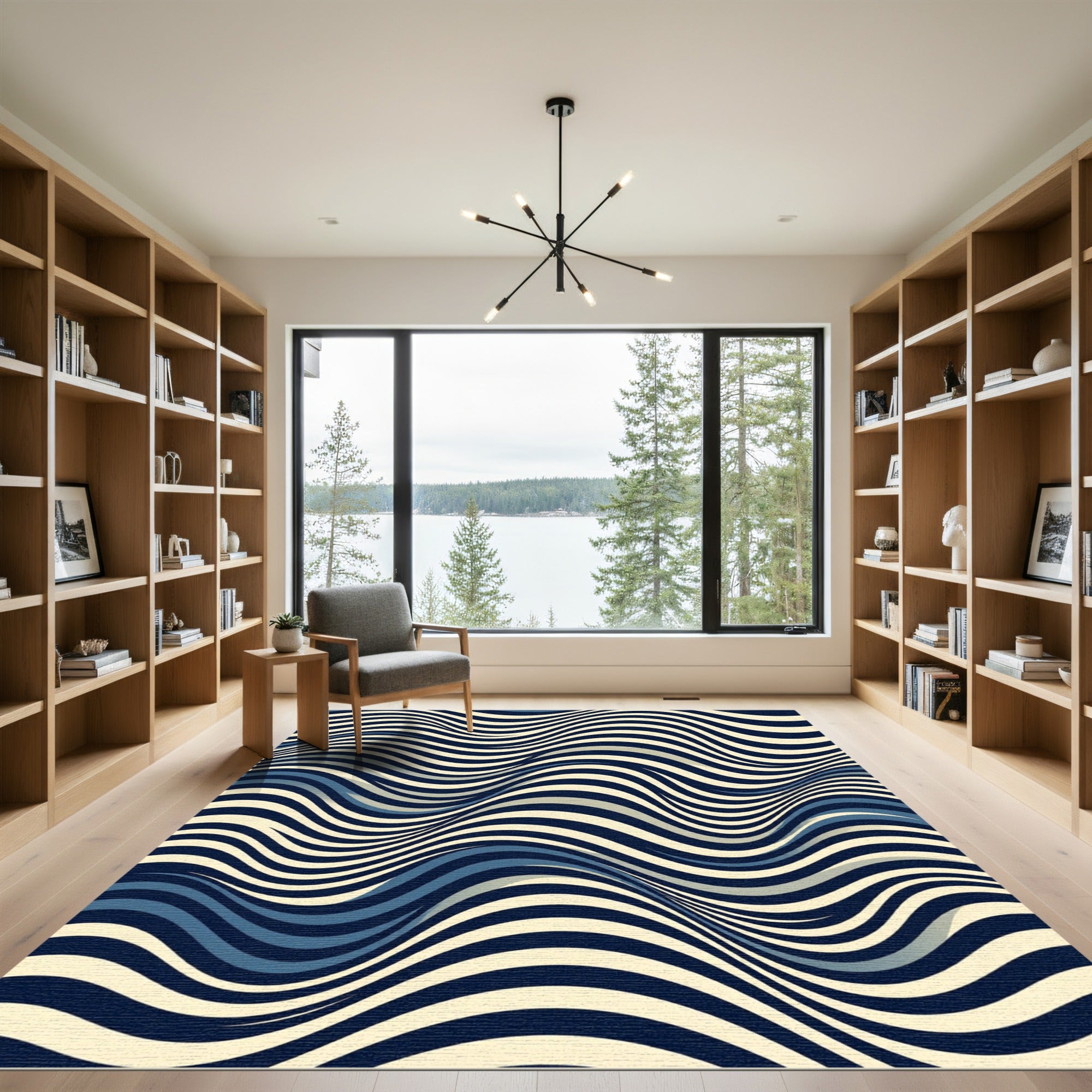 Mid-Century Blue and Cream Wave Rug