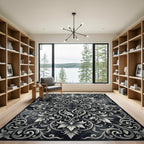 Ornate Ivory Floral Scrollwork Art Rug