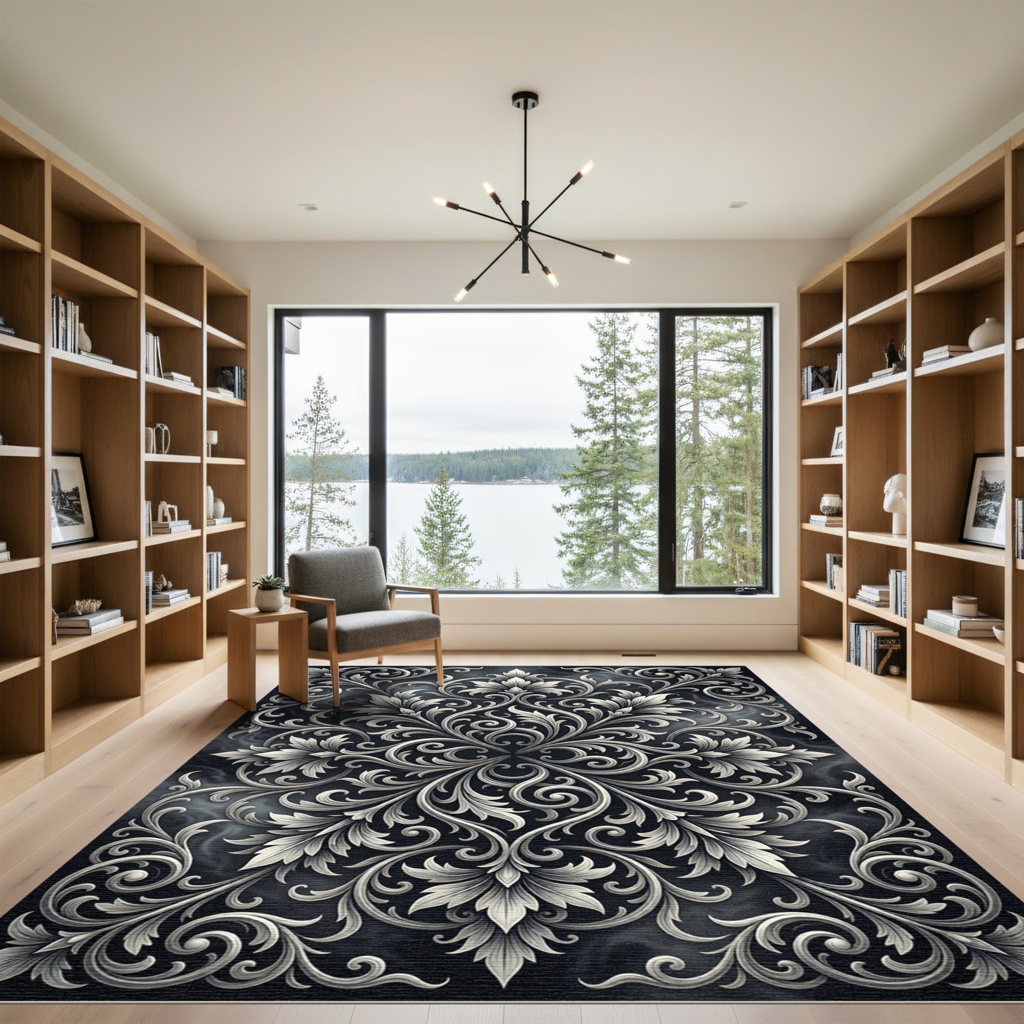 Ornate Ivory Floral Scrollwork Art Rug