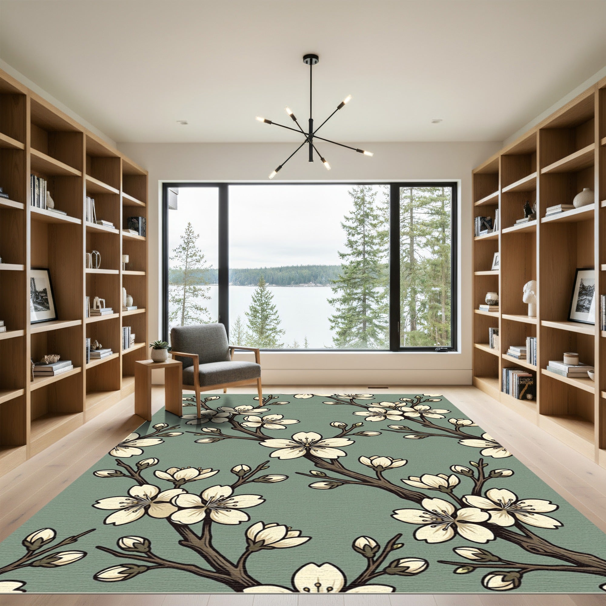 Elegant Sage Green Cherry Blossom Branch Rug